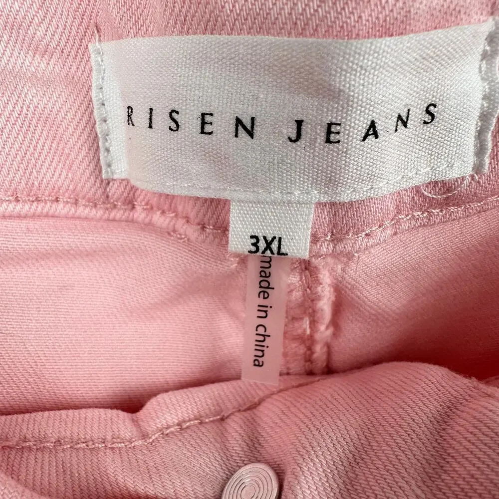 NEW Risen Jeans Wide Leg High Rise Fray Hem Stretch Light Pink 3XL Boho
